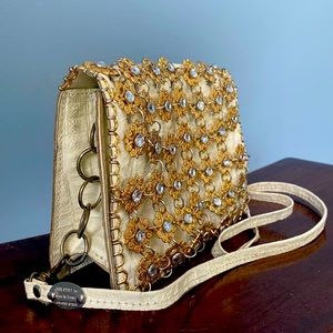 Vintage Jose Cotel White Alligator Leather Bag with Gold Metal and Crystals